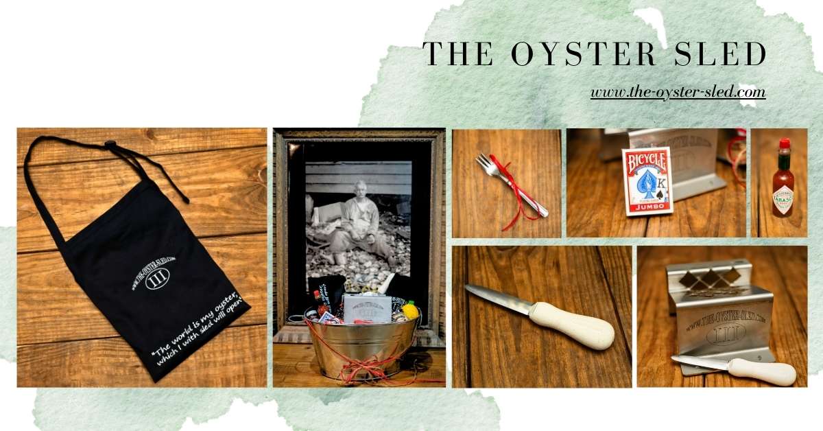Fresh Louisiana oysters displayed next to The Oyster Sled oyster shucking device gift set, including hot sauce, lemon juice, and branded merchandise in a metal bucket, promoting safer and easier oyster shucking in Louisiana.
