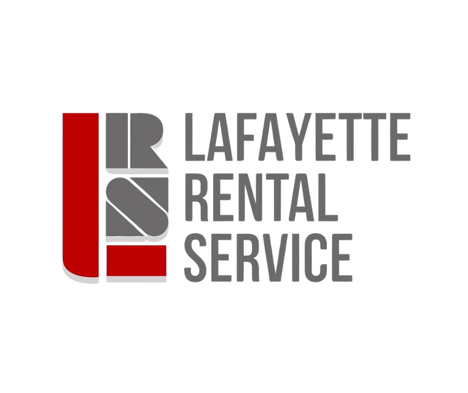 Lafayette Rental Service logo in red and gray representing event rentals, equipment rentals, and party rental services in Lafayette Louisiana